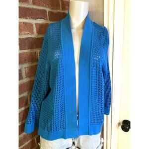 Blue Open Knit Cardigan Lightweight Layering Sweater Coastal Grandma Large
